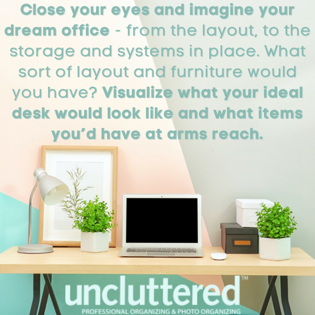 An image of a peaceful work desk with a quote from the 'How Office Clutter Happens' blog post 
